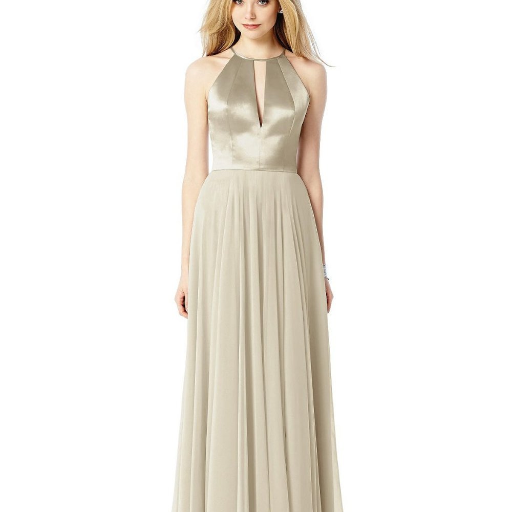 After Six 6705...Full Length, Halter, V-Neck Dress...Palomino....Size 8....NWT